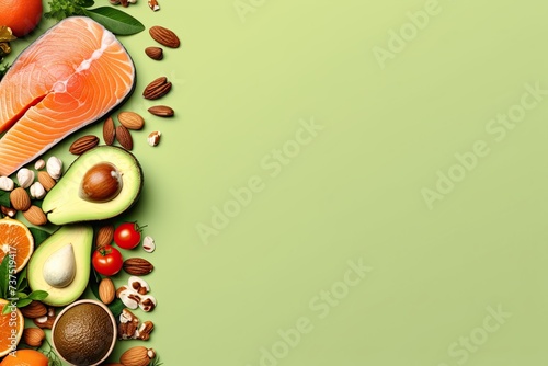 Keto diet concept salmon avocado tomatoes nuts and seeds bright green background top view

