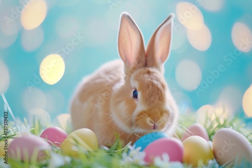 Happy Easter Eggs Basket Ivory. Bunny in flower easter swirling patterns decoration Garden. Cute hare 3d Vibrant easter rabbit spring illustration. Holy week lettuce card wallpaper hellebores