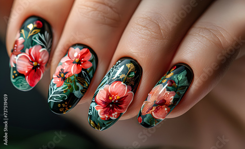 Close-up Artistic floral design on nails