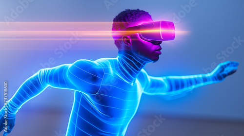 African American man delves into futuristic VR world, surrounded by neon lights