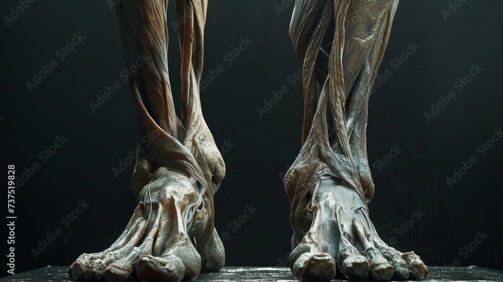 Exquisite Anatomical Detail of the Human Ankle and Foot with Exposed Muscles, Tendons, and Bone Structure - obrazy, fototapety, plakaty 