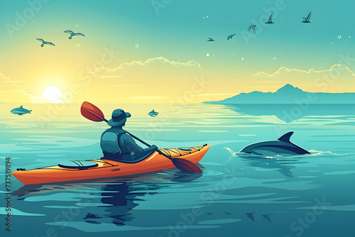 man in kayak among dolphins in calm ocean under cloudy sky