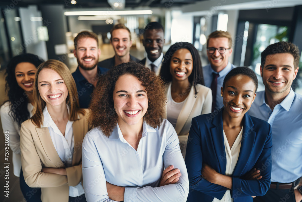 Cheerful business people standing at a modern office Cheerful business people standing at a modern office