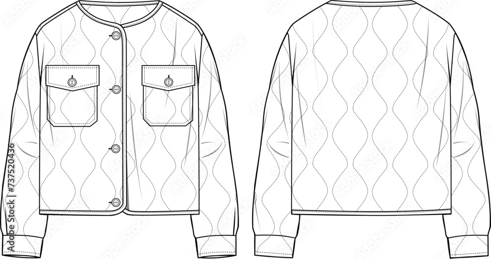 Women's Quilted Collarless Jacket. Technical fashion illustration. Front and back, white color. Women's CAD mock-