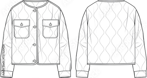 Women's Quilted Collarless Jacket. Technical fashion illustration. Front and back, white color. Women's CAD mock-