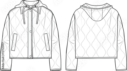 Women's Quilted Hooded Jacket. Technical fashion illustration. Front and back, white color. Women's CAD mock-