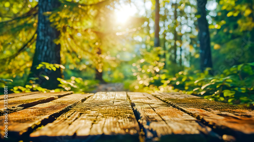 Beautiful blurred forest background view with empty rustic wooden table for mockup product display.