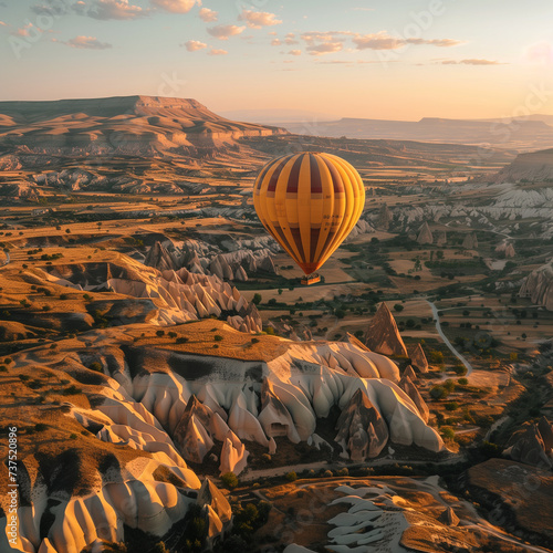 Scenic Hot Air Balloon Flight Over Picturesque Landscape at Sunrise