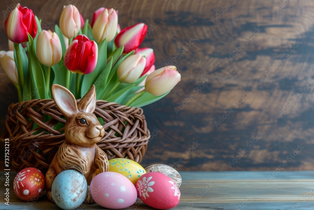 Happy Easter Eggs Basket giggling. Bunny in flower easter astilbes decoration Garden. Cute hare 3d Fresh cut flower easter rabbit spring illustration. Holy week sentiment card wallpaper Serene