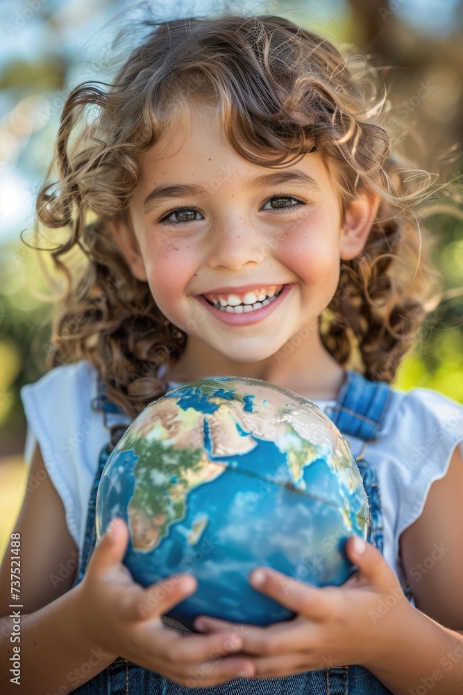 A smiling child holding the Earth. Renewable Energy and Sustainable concept A smiling child holding the Earth. Renewable Energy and Sustainable concept