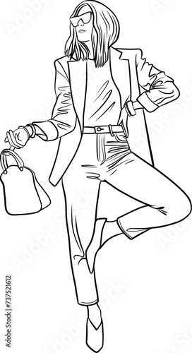 Fashionista girl outline illustration isolated on transparent background