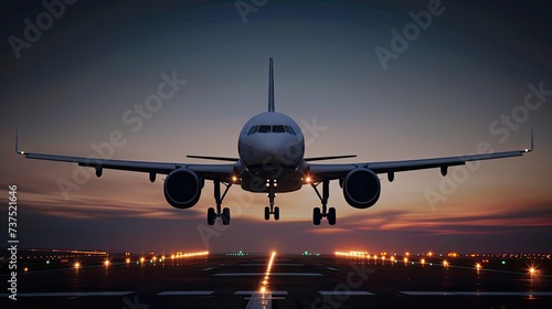airplane landing at sunset