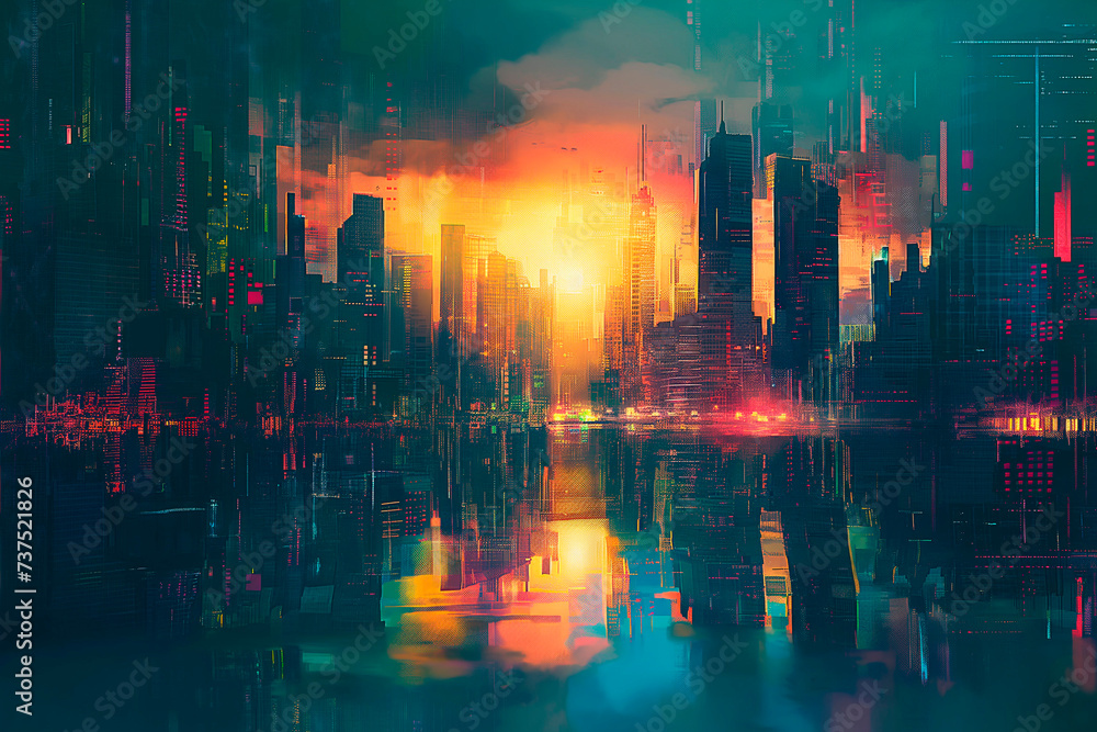 colorful painting of a city cityscape