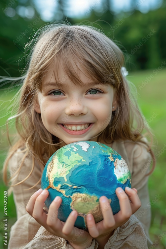 A smiling child holding the Earth. Renewable Energy and Sustainable concept A smiling child holding the Earth. Renewable Energy and Sustainable concept