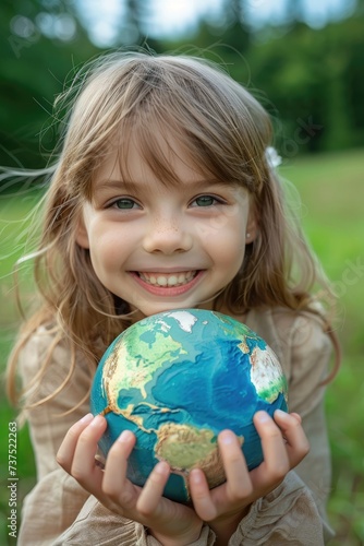 A smiling child holding the Earth. Renewable Energy and Sustainable concept