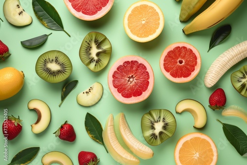 Ripe healthy fruits kiwi  grapefruit  banana  avocado  orange  strawberry on light green background  top view  flatley