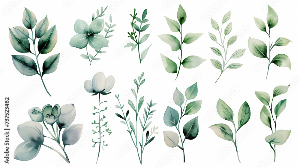 Set of green leaves elements in watercolor and ink style. Aquarelle branches. Vector isolated on white background for Invitation, greeting card, for design decoration Set of green leaves elements in watercolor and ink style. Aquarelle branches. Vector isolated on white background for Invitation, greeting card, for design decoration