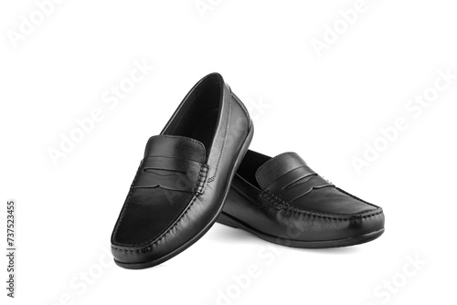 men's pair of black moccasins on isolated white background