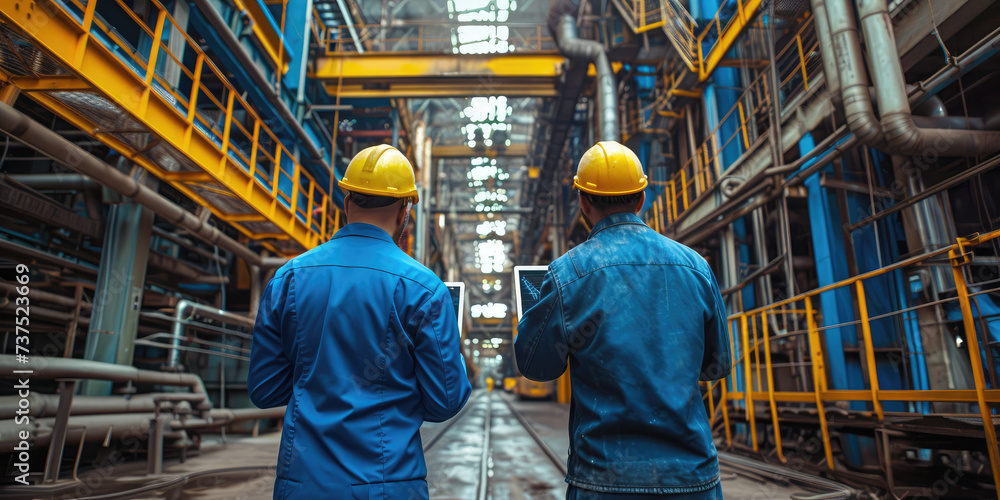 Two industrial workers in hard hats and blue coveralls discuss over a tablet in the labyrinth of a large-scale industrial plant. Two industrial workers in hard hats and blue coveralls discuss over a tablet in the labyrinth of a large-scale industrial plant.