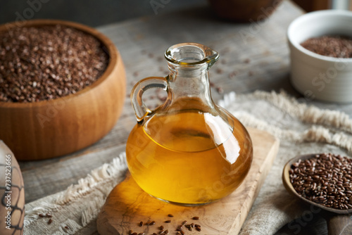 Flax seed in a glass bottle with flax seeds