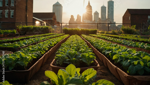 Sunset illuminates a rooftop garden with bok choy rows, highlighting alternative farming within urban landscapes, a testament to innovation in sustainability.