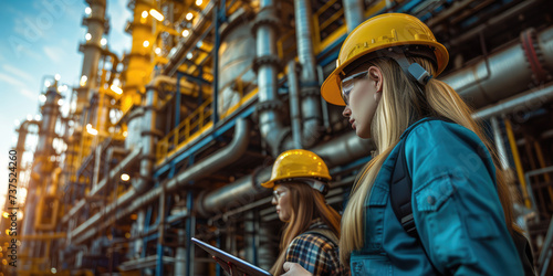 Two female engineers in hard hats and protective eyewear examine paperwork at an industrial chemical plant during golden hour.