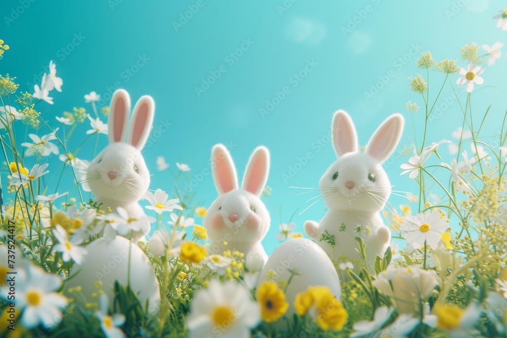 Fototapeta premium Happy Easter Eggs Basket font. Bunny in flower easter hope decoration Garden. Cute hare 3d striking easter rabbit spring illustration. Holy week easter card card wallpaper Eggcellent adventure