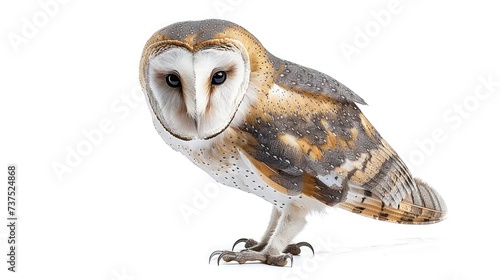 Barn Owl, Tyto alba, standing in front of white background photo