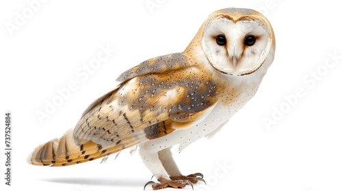 Barn Owl, Tyto alba, standing in front of white background photo