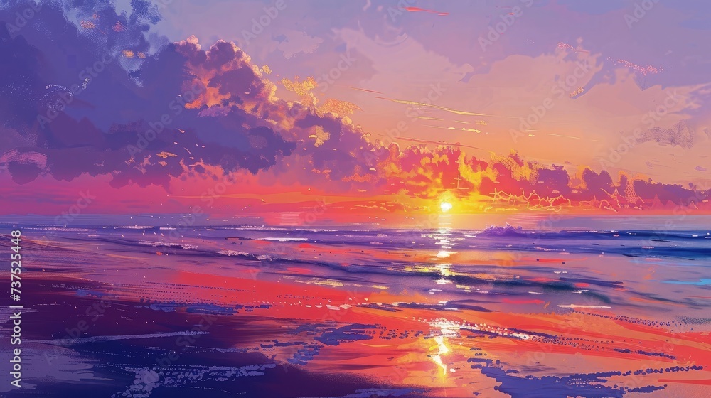 Colorful ocean beach sunrise. - obrazy, fototapety, plakaty 