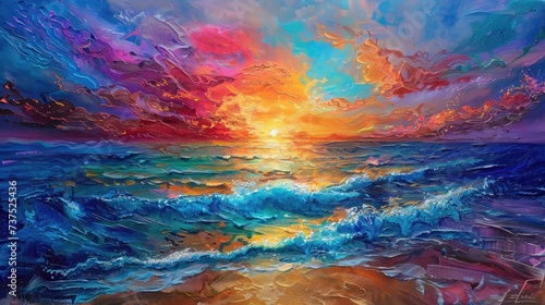 Colorful ocean beach sunrise. photo