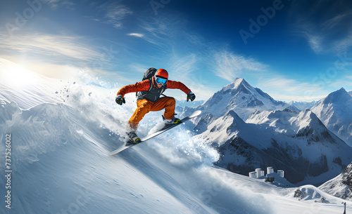 A young man on a snowboard jumps down the slope in winter.