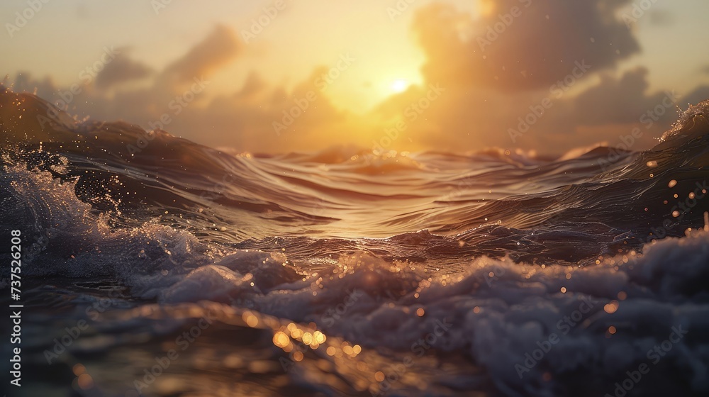 open water landscape rough colored ocean wave breaking at sunset time - obrazy, fototapety, plakaty 