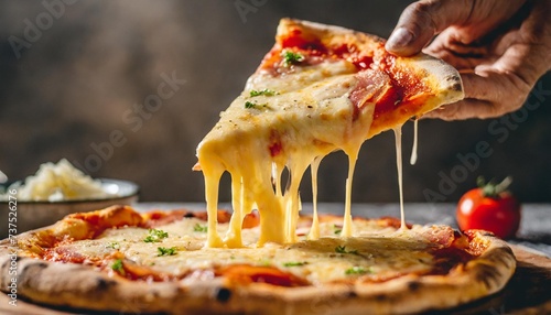 close up of a cheese pizza slice being lifted showcasing the stretchy cheese