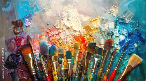 Row of artist paintbrushes closeup on artistic canvas.