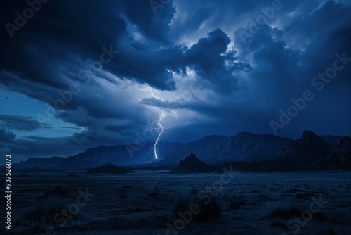 blue lightning storm clouds over the mountains 