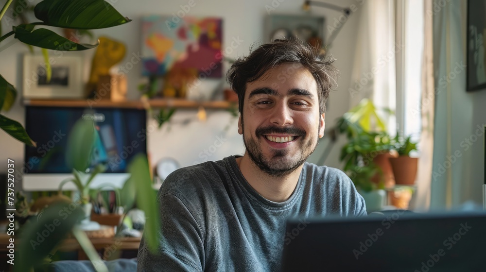 Smiling man during online shopping at home Smiling man during online shopping at home