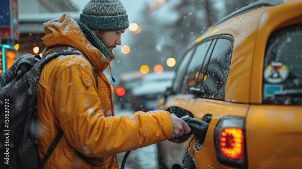 Man with a backpack in a yellow jacket and gray knitted hat is pushing electic pistol EV on electric car on a snowy day. Man with a backpack in a yellow jacket and gray knitted hat is pushing electic pistol EV on electric car on a snowy day.