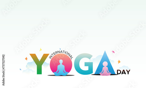 Yoga day text with group of people practicing yoga. Poster banner design.