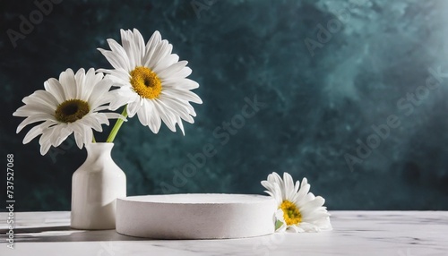 premium stage for showcasing product and business concept minimal modern aesthetic beautiful flower arrangement with white daisies empty product podium elegant beauty concept