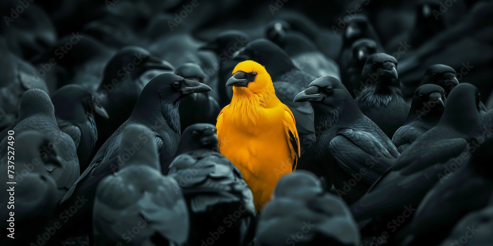 Obraz premium A yellow crow alone among a crowd of black crows, concept of standing out from the crowd as a leader, of being different and unique with its own identity and special skills among the others