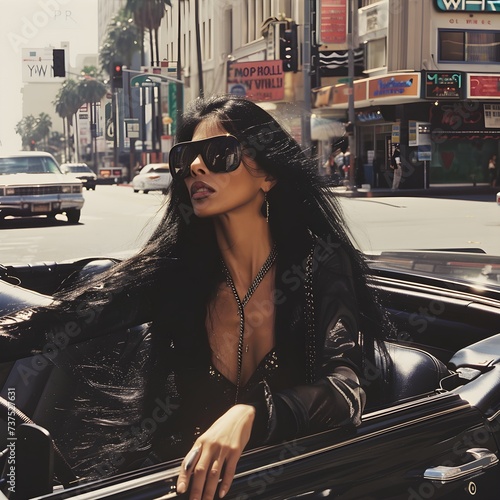Hyperrealistic photo of a woman in color, sporting 1980s glam metal style, featuring long black hair and sunglasses, seated in a black convertible Cadillac on Hollywood Boulevard in Hollywood