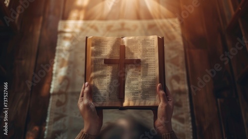 beautiful cross on a bible on an altar in a beautiful church in high resolution and high quality