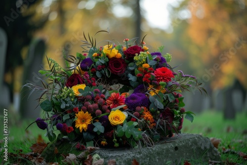 Colorful flower wreath placed in cemetery post funeral