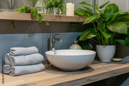 Bowl sink with shelf above featuring plants and towel