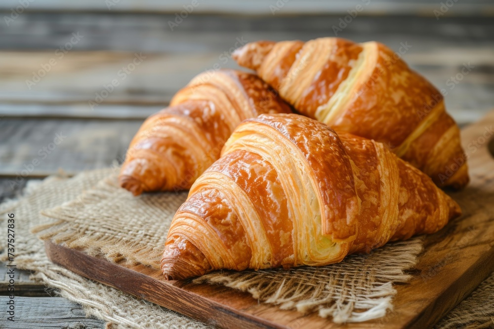 French croissants made with organic butter from a bakery displayed on a wooden background