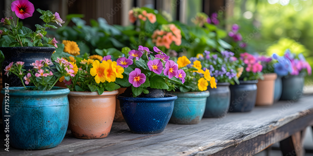 Colorful garden flowers in the pots on wooden table. Gardening background mockup concept.
