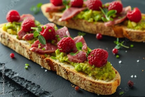 Close up of a baguette loaded with tapas guacamole meat and raspberries on a dark gray textured background