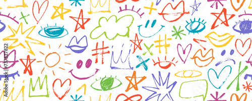 Colorful seamless banner design with brush drawn doodle style elements like crowns, hearts, stars and eyes.