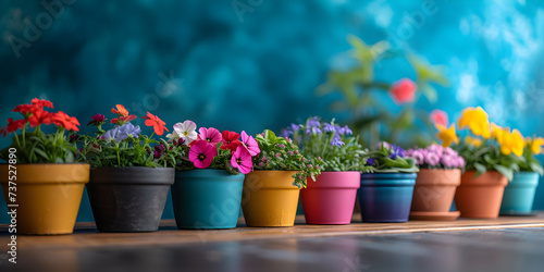 Colorful garden flowers in the pots on wooden table. Gardening background mockup concept.